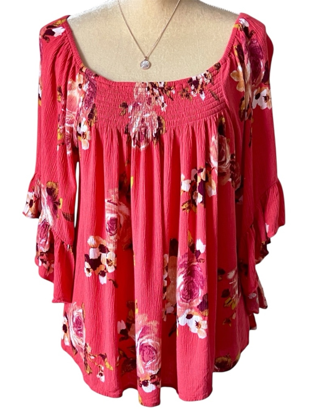 Bobeau Coral Pink Floral Smocked Peasant Blouse Flutter Sleeves